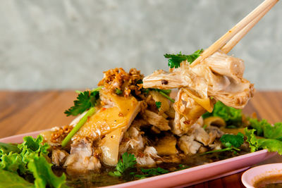 Close-up of food served on table