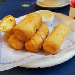 High angle view of breakfast in plate on table