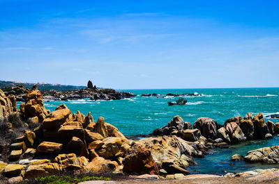 Scenic view of sea against clear blue sky