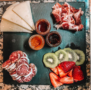 High angle view of strawberries on table