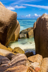 Scenic view of rocks on beach against sky