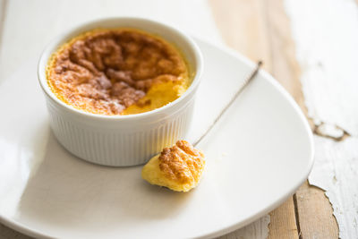High angle view of fresh souffle served in bowl on table