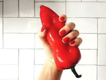 Close-up of hand holding red tomato