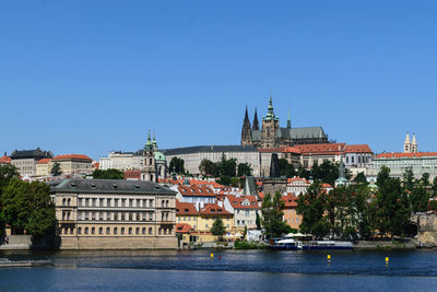 Buildings by river against clear blue sky