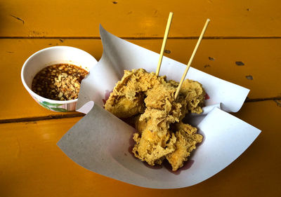 High angle view of food in plate on table