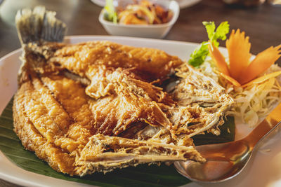 High angle view of food in plate on table