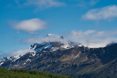 Aerial view of snowcapped mountains against sky