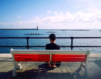 Rear view of man sitting on bench against sea against sky