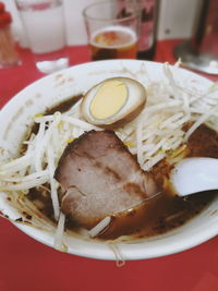 High angle view of pasta in plate on table