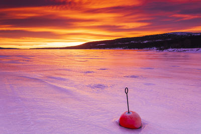 Bouy in frozen lake at sunrise