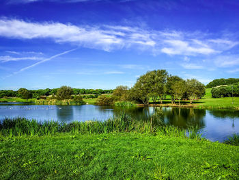 Scenic view of lake against blue sky