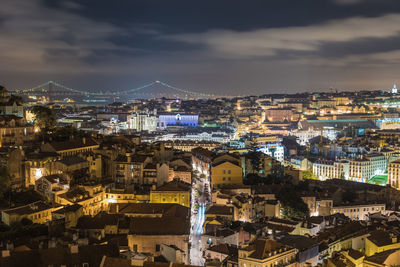 High angle view of illuminated cityscape against sky at dusk