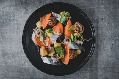 High angle view of food in plate