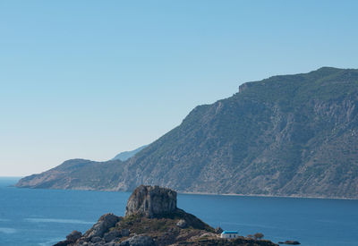 Blue white church on the small island of agios stefanos kefalos kos greece