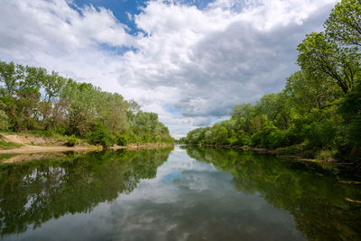 Scenic view of lake amidst trees against sky