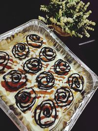 High angle view of dessert on table