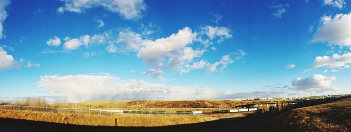 Panoramic view of landscape against blue sky