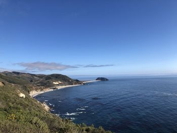 Scenic view of sea against clear blue sky
