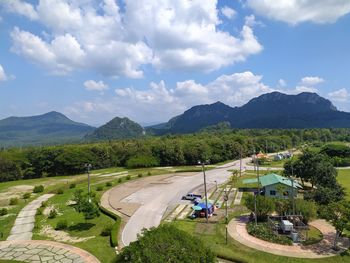 High angle view of road amidst landscape against sky