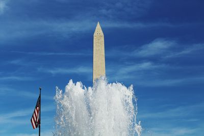Fountain in front of washington monument against sky