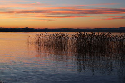 Scenic view of lake against sky during sunset