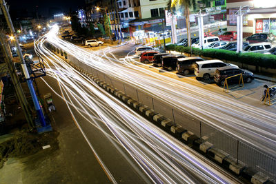 High angle view of light trails on street at night