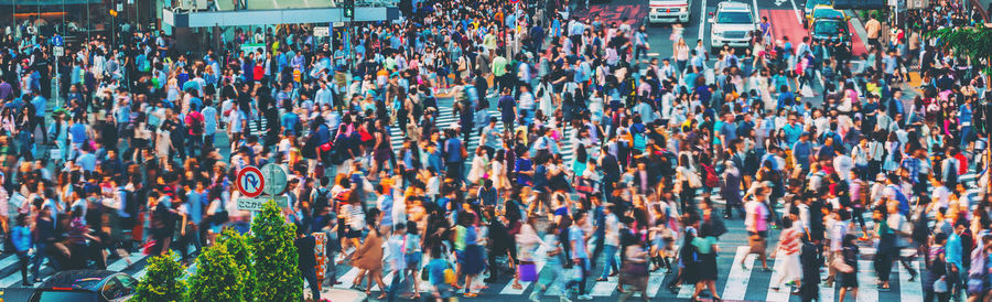 High angle view of crowd on street in city