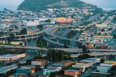 High angle view of street amidst buildings in city