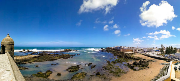 Panoramic view of sea against blue sky