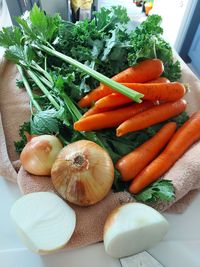 High angle view of vegetables on table