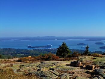 Scenic view of sea against clear blue sky