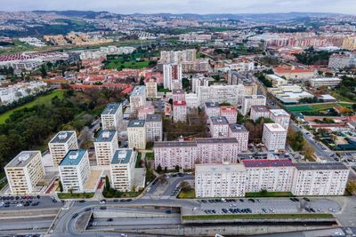 High angle view of buildings in city