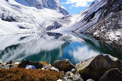 Scenic view of lake and snowcapped mountains against sky