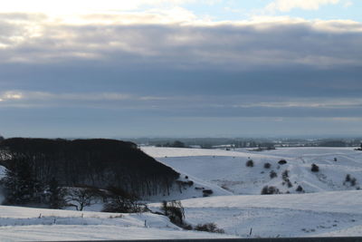 Scenic view of snow covered land against sky