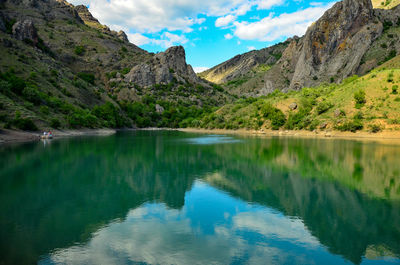 Scenic view of lake and mountains against sky