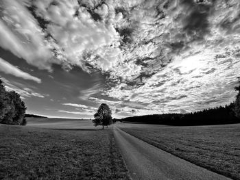 Road amidst trees on field against sky