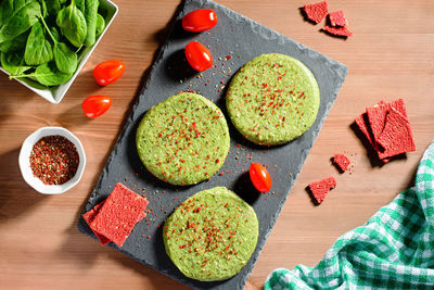 High angle view of chopped fruits on table