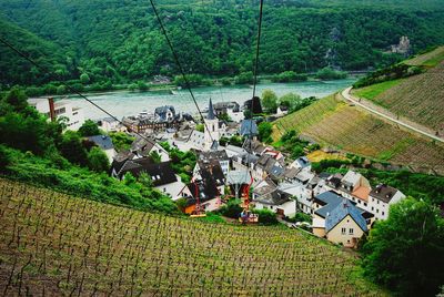 View of village with trees in background