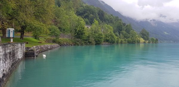 Scenic view of bridge over river against mountains