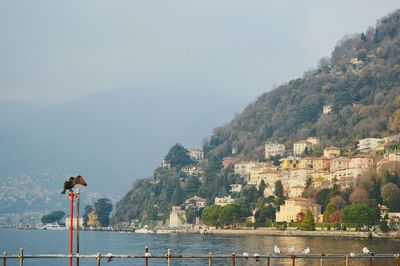 Buildings in town by sea against sky