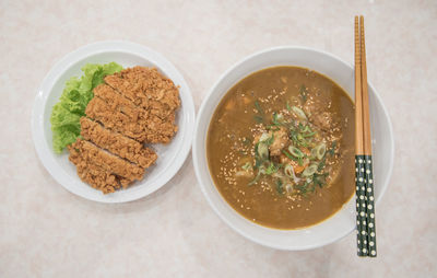 High angle view of soup in bowl on table