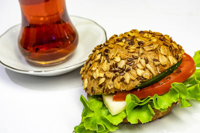 Close-up of sandwich served on table