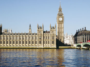 View of buildings in city against clear sky