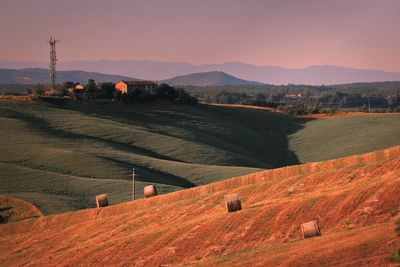 Scenic view of field against sky during sunset