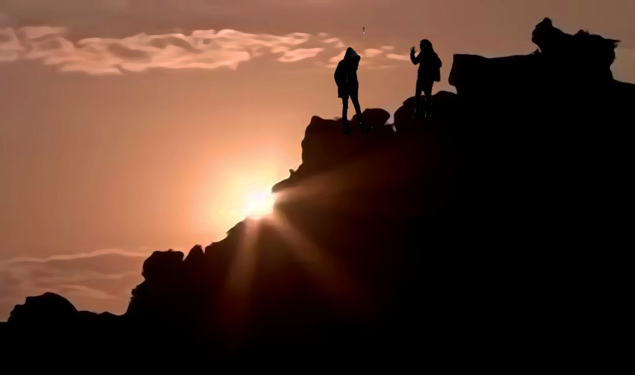 sky, sunset, silhouette, rock, orange color, real people, beauty in nature, rock - object, scenics - nature, lifestyles, solid, nature, men, group of people, leisure activity, activity, tranquil scene, adventure, people, cloud - sky, sun, outdoors