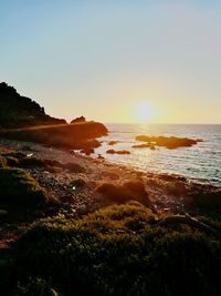 Scenic view of sea against clear sky during sunset