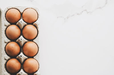 Directly above shot of eggs against white background