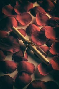 Close up of rolled paper and petals on white table