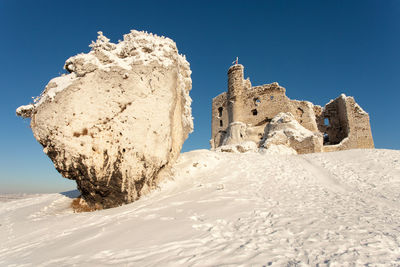 Low angle view of rock formations against clear blue sky