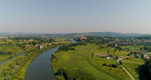 High angle view of cityscape against clear sky